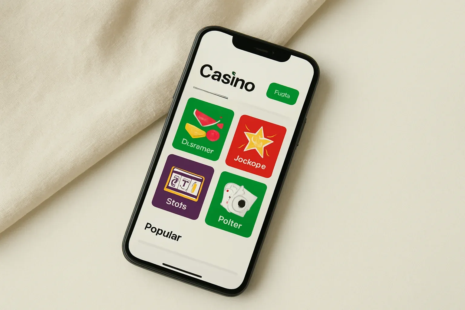 Casino App Smartphone Smartphone displaying light casino app interface on cream background