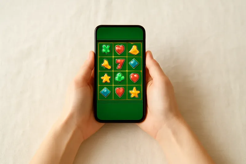 Woman's hands holding smartphone with casino game grid on linen
