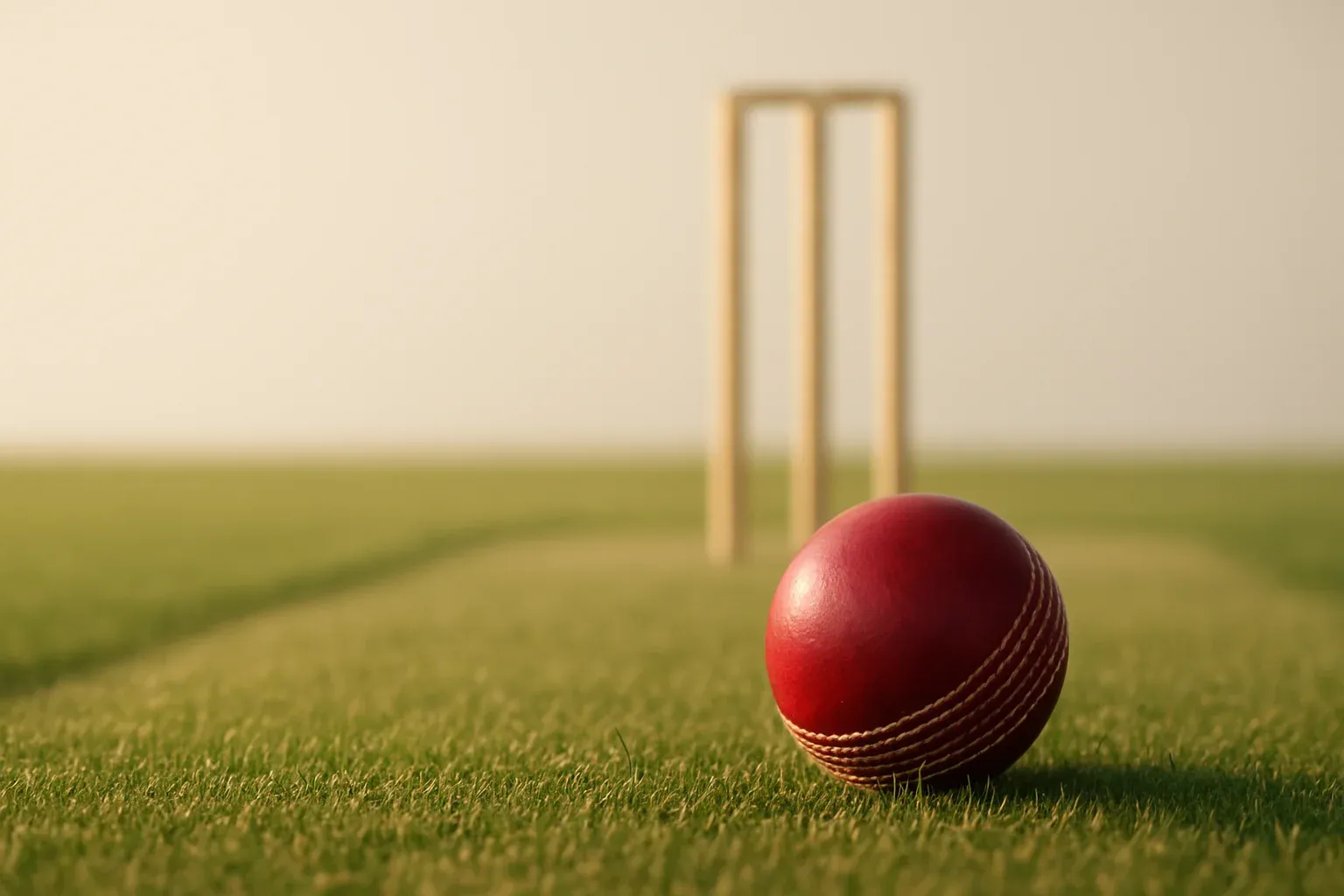 Red cricket ball on mown pitch grass with stumps at dusk