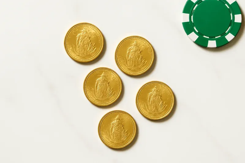 Five gold coins on cream marble with poker chip edge