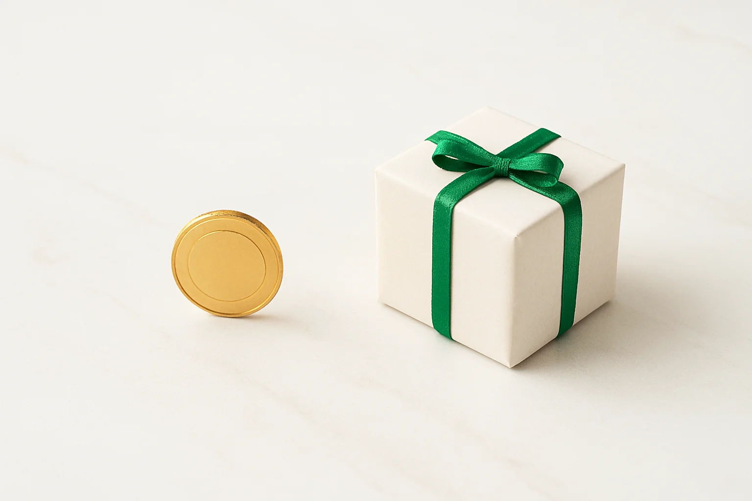 Minimalist Bonus Concept Single gold coin beside small unwrapped gift box on marble surface