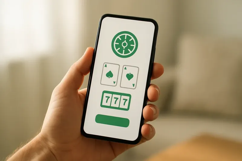 Hand holding smartphone with clean light-themed casino interface in warm lighting