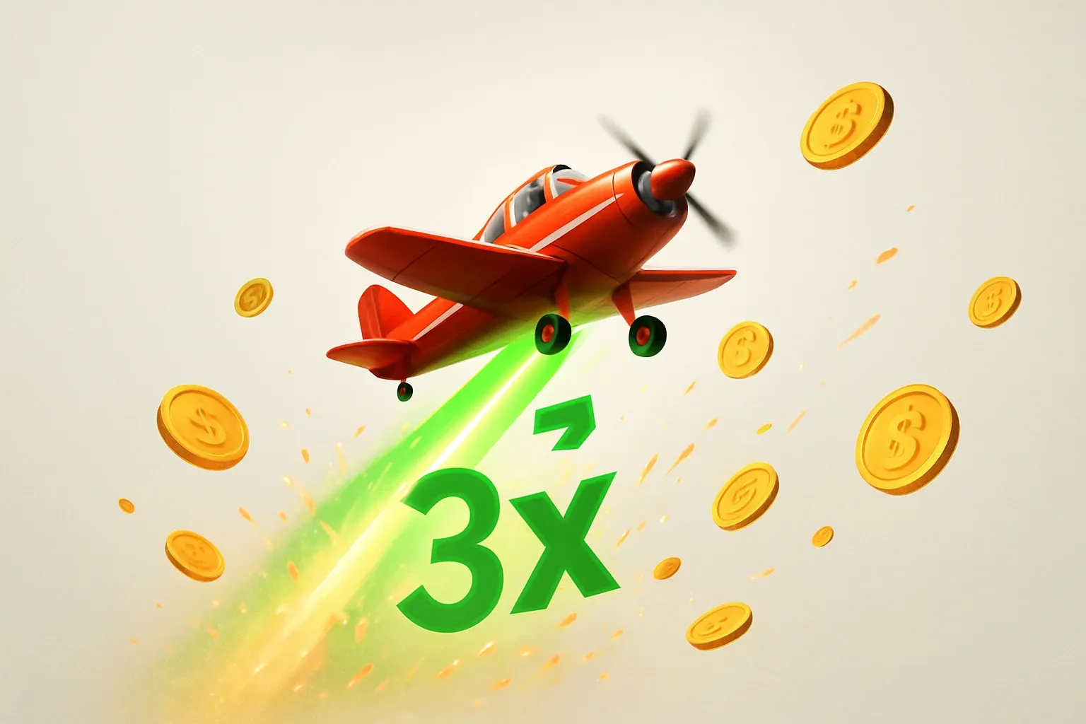 Aviator Crash Scene Red airplane climbing with glowing multiplier trail, coins, and sparks