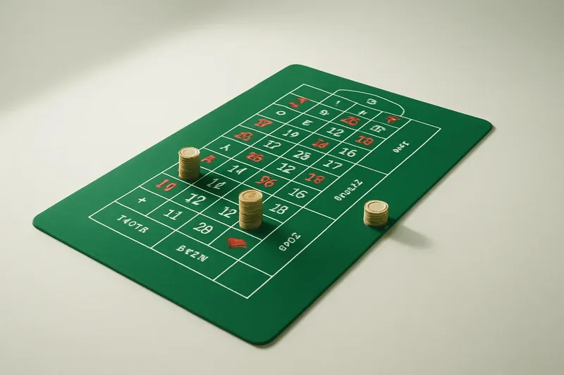 Top-down roulette table layout with gold chip stacks on green felt