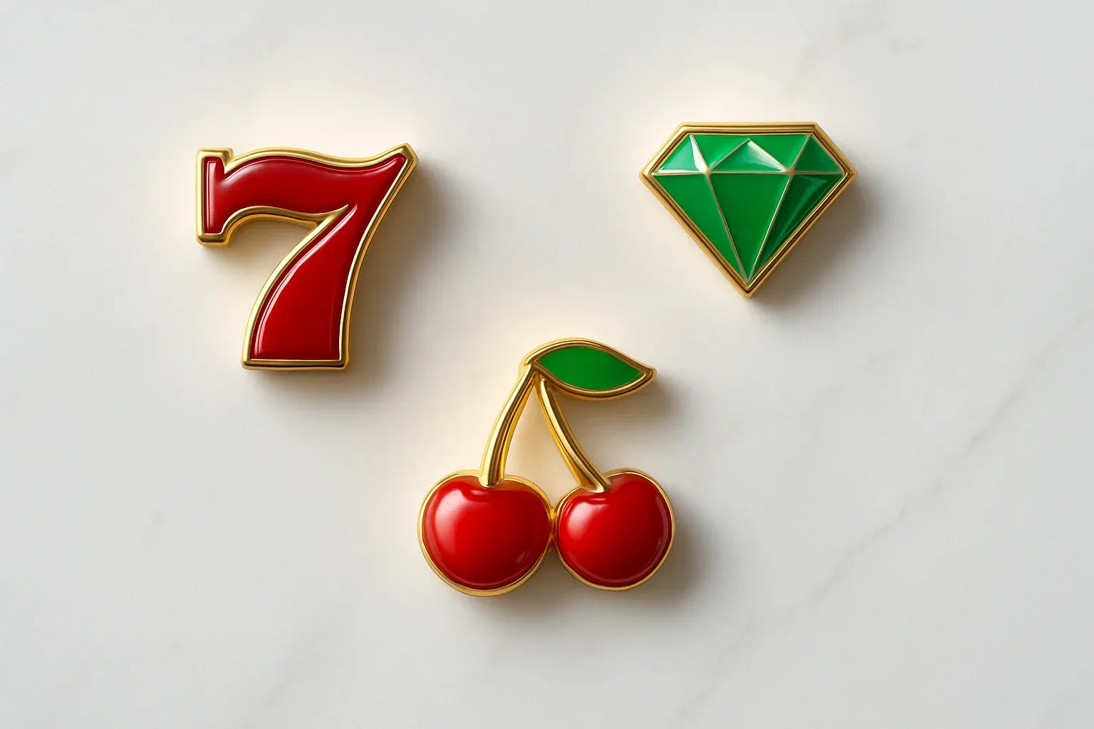 Three polished slot symbols on white marble with warm spotlights